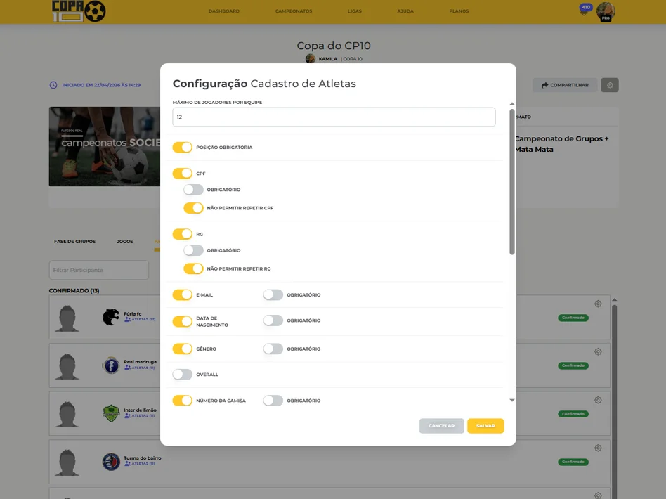 Configuração do cadastro de atletas no Copa10 com documentos e campos obrigatórios
