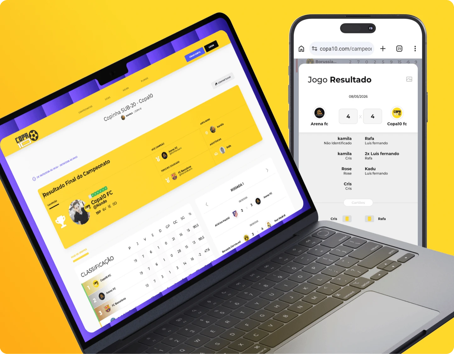Sistema Copa10 aberto em um notebook e em um celular