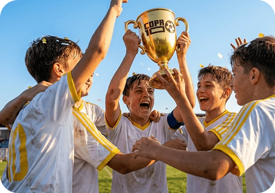 Equipe de jovens jogadores comemorando com o troféu da Copa10