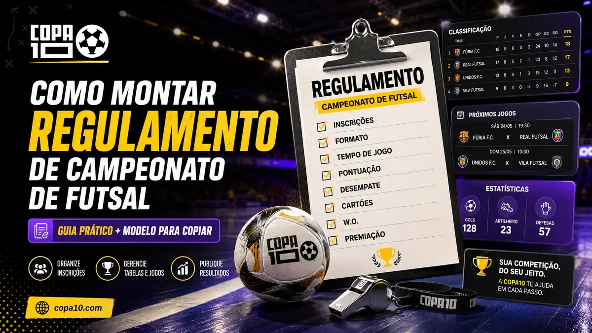 Como montar regulamento de campeonato de futsal: documento de regras ao lado do painel do Copa10 com tabela, pontuação e classificação do futsal