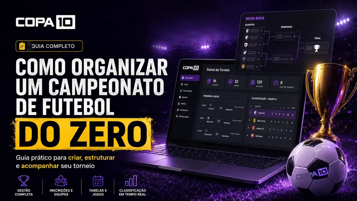 Guia completo Copa10: como organizar um campeonato de futebol do zero, com painel do torneio, chaveamento e classificação em tempo real