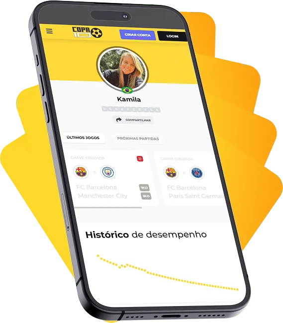 Aplicativo Copa10 aberto no celular com cartões de futebol amarelos