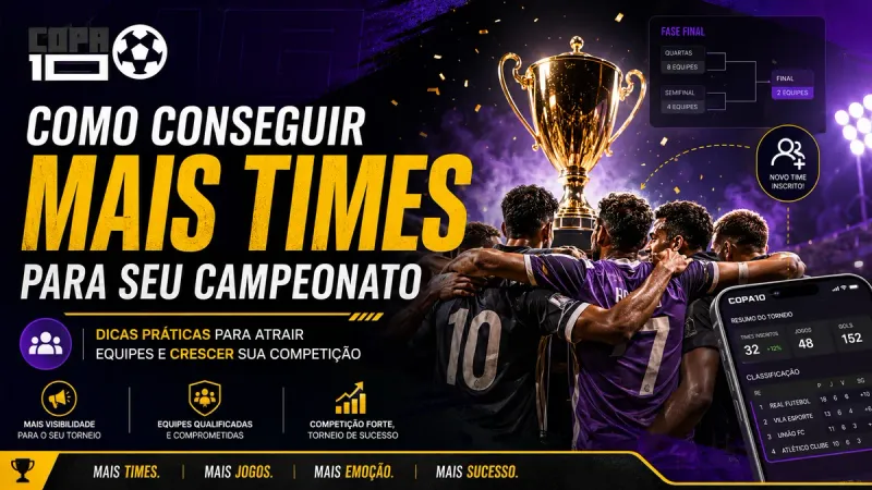 Como conseguir mais times para seu campeonato: arte de inscrição com times confirmados ao lado do painel do Copa10 com tabela, classificação e resultados