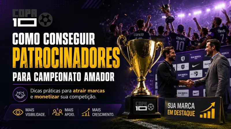 Como conseguir patrocinadores para campeonato amador: proposta com cotas de patrocínio e logos de marcas ao lado do painel do Copa10 com a página online da competição