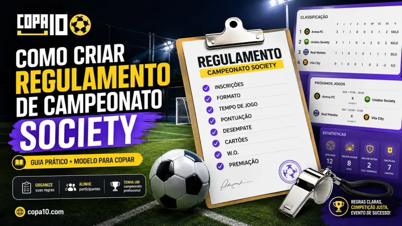 Como criar regulamento de campeonato society: documento de regras ao lado do painel do Copa10 com tabela, classificação e resultados do society