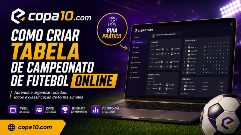 Como criar tabela de campeonato de futebol online: notebook exibindo o Copa10 com rodadas, próxima rodada, classificação e artilheiros