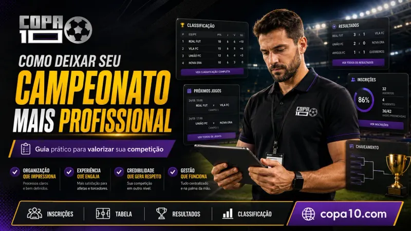 Como deixar seu campeonato mais profissional: troféu, identidade visual e regulamento ao lado do painel do Copa10 com tabela, resultados e classificação online