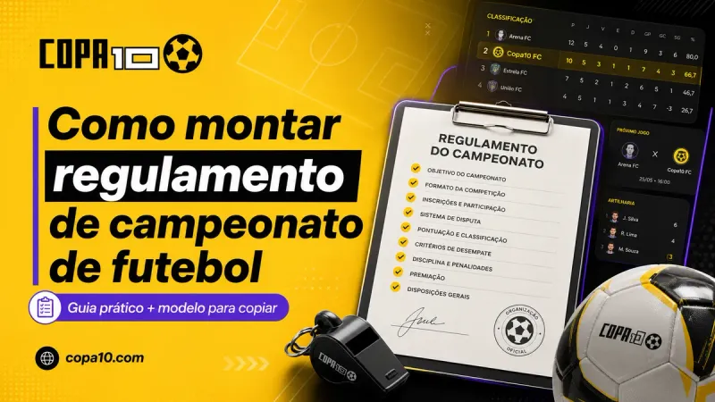 Como montar regulamento de campeonato de futebol: documento de regras ao lado do painel do Copa10 com tabela, pontuação, desempate e classificação