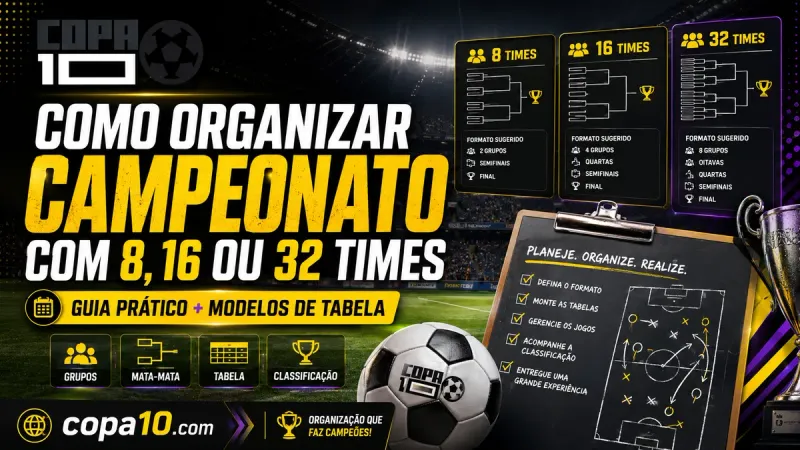 Como organizar campeonato com 8, 16 ou 32 times: chaveamento de grupos e mata-mata no painel do Copa10 com tabela e classificação das equipes