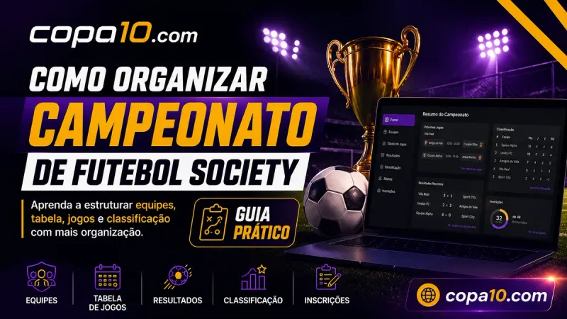 Como organizar campeonato de futebol society: taça, bola e o painel do Copa10 com resumo do campeonato, classificação e resultados