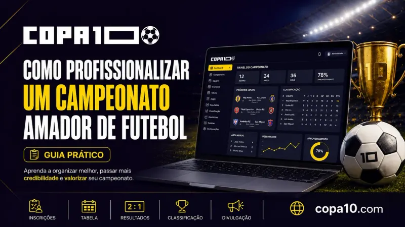 Como profissionalizar um campeonato amador de futebol: painel do Copa10 com regulamento, tabela, inscrições e classificação, ao lado de taça e bola