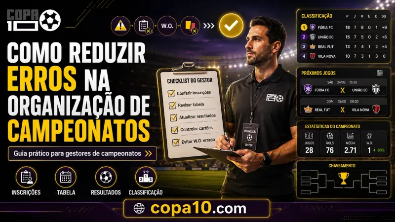 Como reduzir erros na organização de campeonatos: checklist e regulamento ao lado do painel do Copa10 com tabela, resultados conferidos e classificação atualizada
