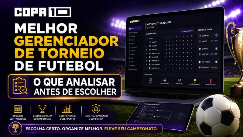 Melhor gerenciador de torneio de futebol: notebook e tablet exibindo o Copa10 com classificação, próximos jogos e estatísticas do campeonato