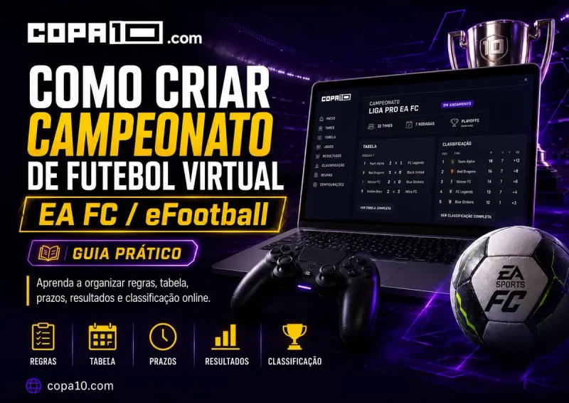 Como criar campeonato de futebol virtual EA FC e eFootball: notebook com a Liga Pro EA FC no Copa10, controle e classificação ao lado