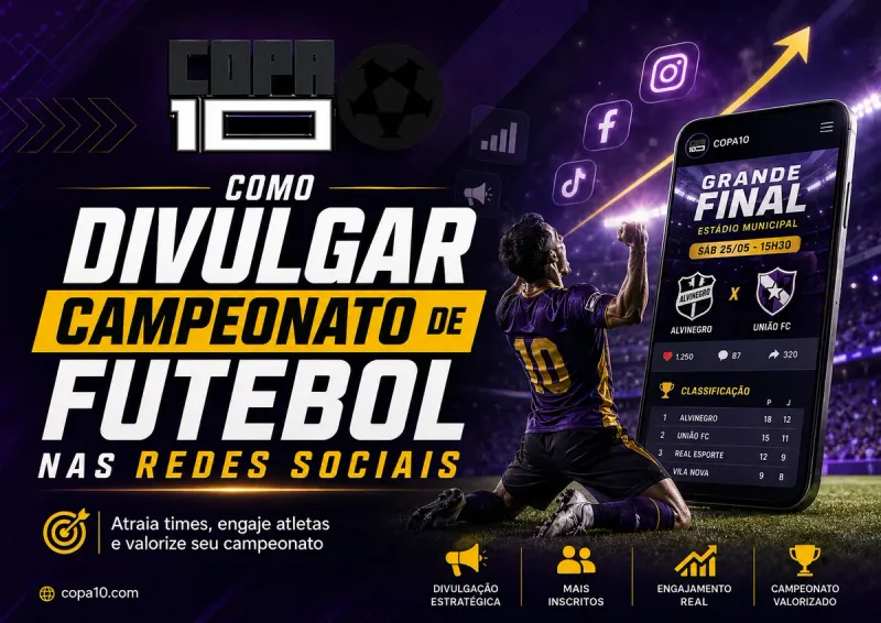 Como divulgar campeonato de futebol nas redes sociais: celular com posts de tabela, resultados e Reels da competição ao lado do painel online do Copa10