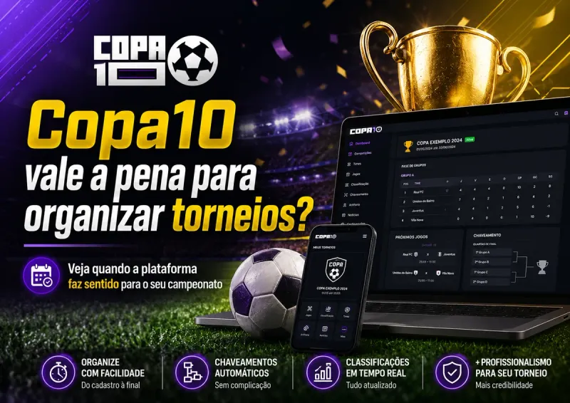 Copa10 vale a pena para organizar torneios: organizador usando o painel do Copa10 com campeonato, equipes, tabela, resultados e classificação em uma página online