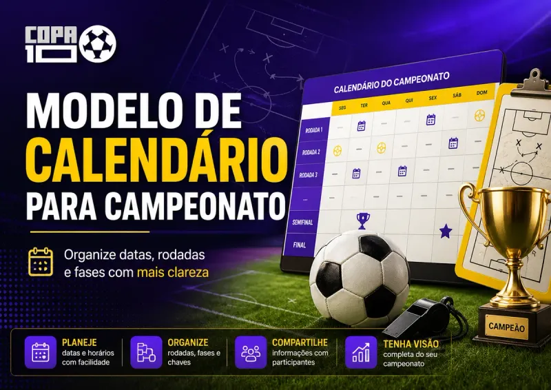 Modelo de calendário para campeonato: cronograma com datas de inscrição, sorteio, rodadas e final ao lado do painel do Copa10 com tabela e classificação online