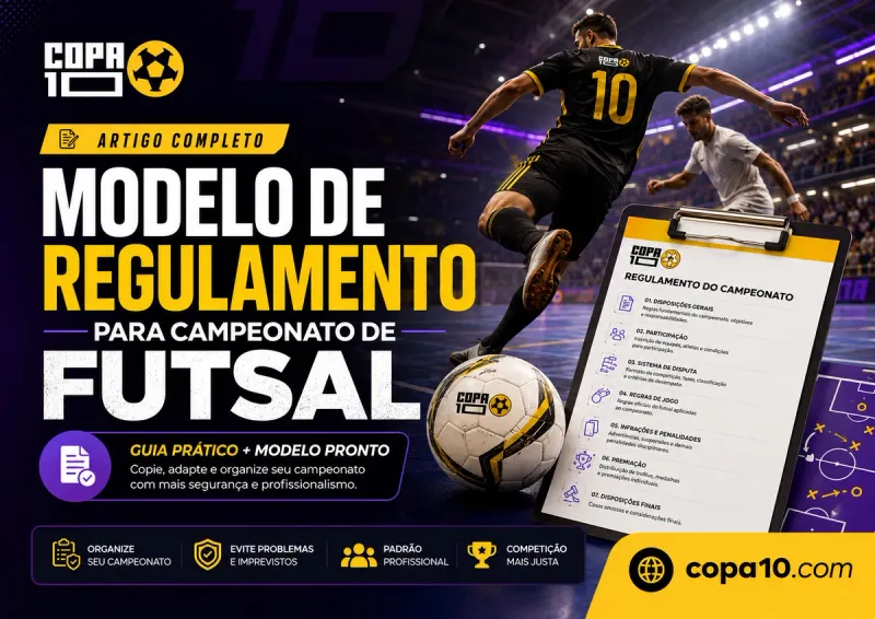 Modelo de regulamento para campeonato de futsal: documento com regras de inscrição, pontuação, desempate e W.O. ao lado do painel do Copa10 com tabela e classificação
